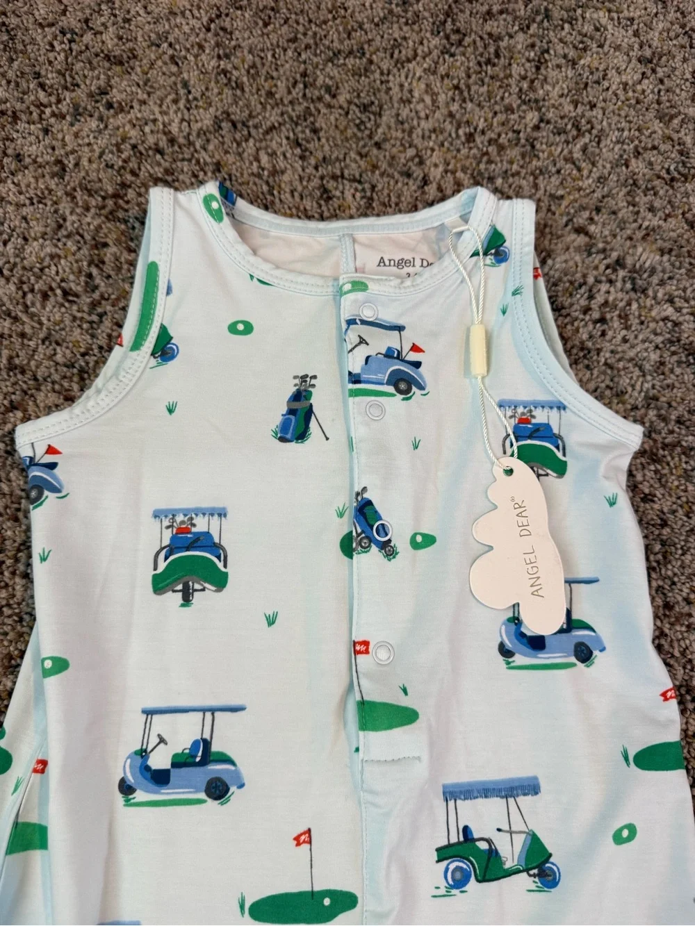 NWT Angel Dear Baby Blue Golf Carts Print Sleeveless Shortie Romper — Size 3/6 M